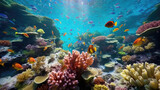 Fototapeta Do akwarium - Tropical fish swim through a vibrant coral garden