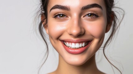 Wall Mural - Smiling Model with perfect White Teeth. Beautiful Indian Girl Cheerful Smiling. Beauty Woman with Smooth Skin and Natural Lip Make up over White Background.