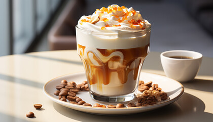 Poster - Freshness in a cup, creamy latte with chocolate elegance generated by AI