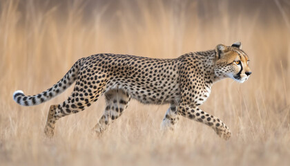 Canvas Print - Majestic African cheetah walking in the wilderness, alertly watching its surroundings generated by AI