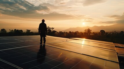 Wall Mural - Technology solar cell, Engineer service check installation solar cell on the roof of factory on the morning. Silhouette technician inspection and repair solar cell on the roof of factory