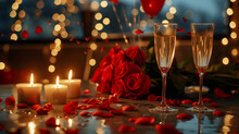 Two Campange Glasses On A Table. Fancy Restuarant. In The Background Candles,roses Bouquet, Heart Shaped Red Balloons And Confetti. Festive Atmosphere Of Valentines Day