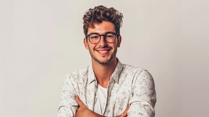 Poster - Young handsome man wearing casual shirt and glasses over isolated white background happy face smiling with crossed arms looking at the camera.