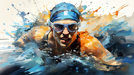 Wall Mural - Watercolor abstract illustration of swimmer. Swimming action during colorful paint splash isolated on white background. AI generated.
