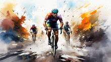 Watercolor Abstract Illustration Of Cyclists. Bicycle Racers In Action During Colorful Paint Splash, Isolated On White Background. AI Generated.