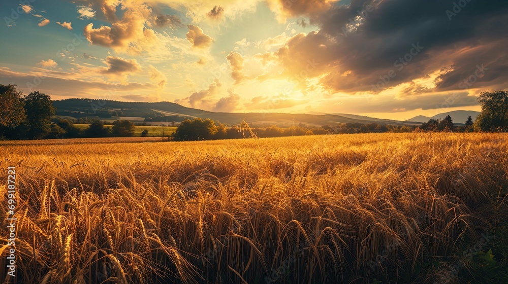 A golden wheat field at sunset or sunrise with a dramatic sky and ...