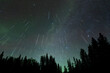 Meteor shower with 47 meteors falling through a star filled sky above a silhouette treeline of spruce and pine trees. The sky is pale green from a distant Aurora. A composite made from 47 images.

