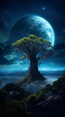 large blue moon over the earth behind a green tree at night