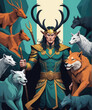 Loki's Shape-shifting Saga - Flat illustration of the Nordic god Loki in dynamic action scenes and animal transformations Gen AI