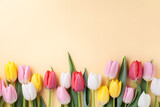 Fototapeta Tulipany - Colorful tulip flowers at bottom of yellow background with copy space