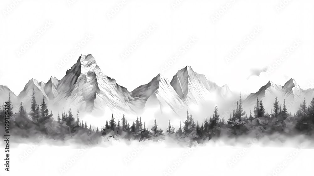 Black and white hand drawn pencil sketch of mountain scene with rocky ...