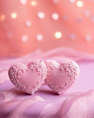 Two Soft Pink Hearts With Lace On pink Glitter Background With Sparkles, copy space - generative ai