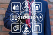 Doctor using stethoscope and virtual interface sees text: SEPSIS. Sepsis medical concept. Medical health risk of pathogens. Sepsis Illness Disease Treatment And Diagnosis.