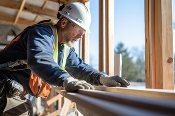 Middle aged male construction worker installing new windows to home