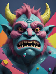 Wall Mural - Flat Pop Art Monster - Medium Shot of a Troll with Geometric Shapes and Abstract Background Gen AI