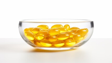 Sticker - Bowl with fish oil capsules on white background isolated on white background, - Created using AI Generative Technology