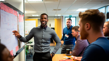 A facilitator of a workshop with a few people in a room infront of a flipchart showing things on the flipchart to the others.