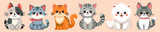 Fototapeta Pokój dzieciecy - Cute and smile cats set, doodle pets friends. Collection of funny adorable cats or fluffy kittens cartoon character design with flat color. Pets companions friendship. Illustration for sticker, print.