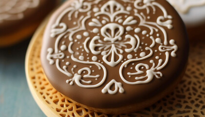 Poster - Homemade chocolate cookie with icing, decorated with fresh fruit generated by AI