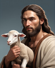 Wall Mural - Realistic Portrait of John the Baptist with a Lamb - Stylized Character Design in Flat Illustration Style Gen AI