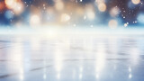 Lights reflecting on the surface of the ice. Closeup of the skating rink. Festive background, Christmas holidays abstract texture. Bokeh lights. Copy space.