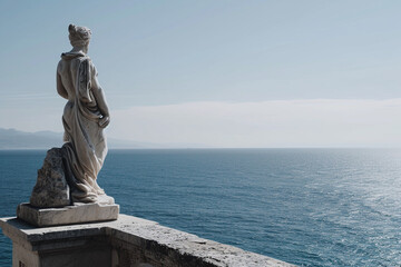 minimalistic photo featuring a statue of Zeus on a podium with the sea as a backdrop, conveying the powerful and regal aura of the king of the gods