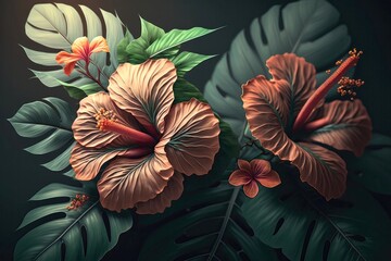 Canvas Print - Vintage tropical hibiscus flowers, floral mystical jungle dark rainforest foliage background illustration Generative AI