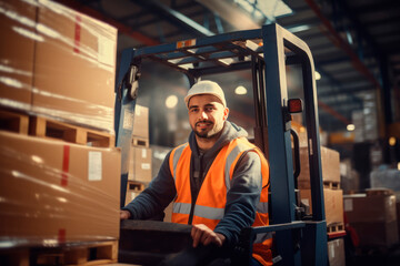 male warehouse worker in a vest sits in a forklift against the background of a warehouse