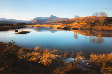 Wall Mural - Gold light cast across a calm, tarn reflection and moorland at Rannoch Moor in the mountain landscape of Glencoe in the Scottish Highlands, Scotland, UK.