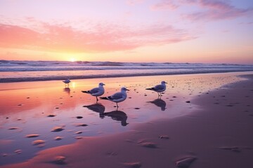 Wall Mural -  Pink sunset on the sea with flying birds
