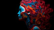 Frauenkopf mit abstrakter bunter Frisur aus harmonischen Wellenformen. Konzept: Synästhesie verstehen. Fotorealistische Illustration in Neon-Farben