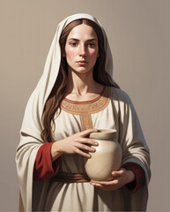 Wall Mural - Mary Magdalene with Alabaster Jar - Realistic flat illustration of a biblical figure with bold edges in high resolution Gen AI