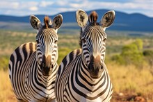 Two Zebras Standing Next To Each Other In A Field