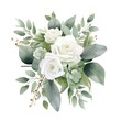 A bouquet of white roses and green leaves