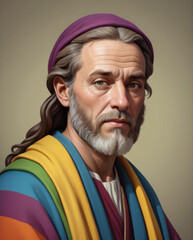Wall Mural - Realistic Flat Illustration of Joseph - A biblical figure with a coat of many colors rendered in a flat illustration style with bold edges Gen AI