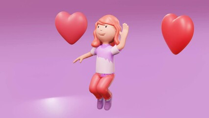 Girl 3d render red purple pink tones in love seamless animation
