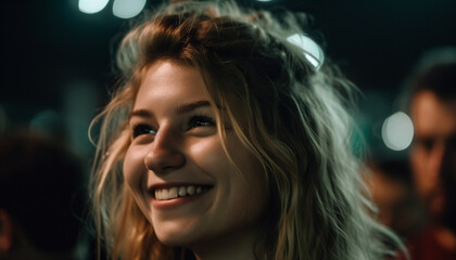 Sticker - Smiling young adult woman enjoying nightlife, carefree and looking beautiful generated by AI