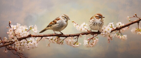 two birds stand on a tree branch