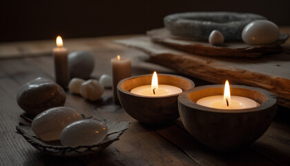 Poster - Wooden table with candlelight, creating a cozy and relaxing atmosphere generated by AI