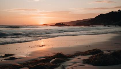 Poster - Sunset over the tranquil coastline, waves crashing on sandy shores generated by AI