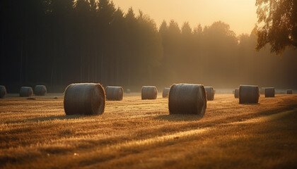 Wall Mural - Agriculture beauty in nature farm, meadow, sunset, rolled up hay generated by AI