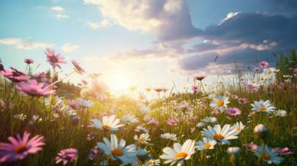 Poster - Field of daisies with a golden sunrise in the background