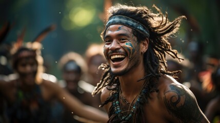 young and happy african man with painted face dancing