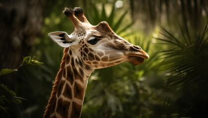 Wall Mural - Giraffe in nature, close up, looking at camera, standing in grass generated by AI