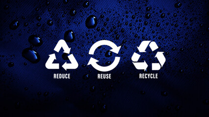 Reduce, reuse, recycle symbol on water drops dark background, ecological metaphor for ecological waste management and sustainable and economical lifestyle.