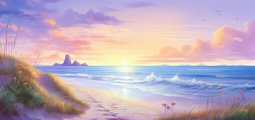 Wall Mural - beach with high waves at sunset