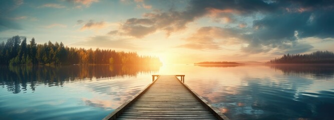 Wall Mural - wooden dock at sunrise, lake with morning sunlight