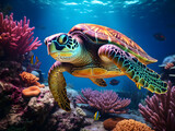 Fototapeta Do akwarium - A turtle swims over colorful corals in the ocean