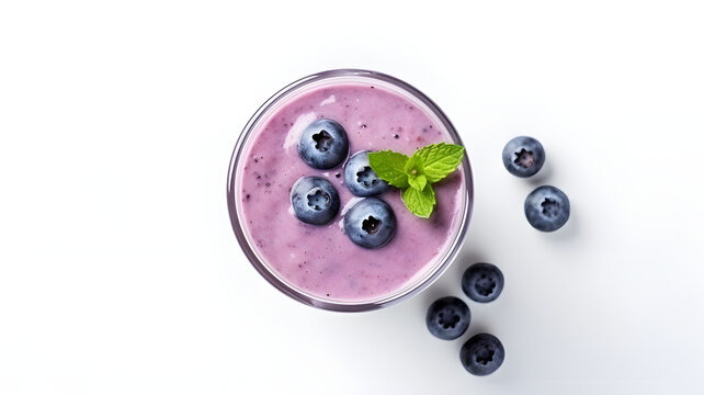 A glass of blueberry smoothie with berries on the table, top view, white background