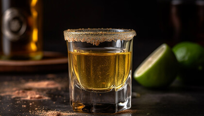 Wall Mural - Whiskey glass on wooden table, reflecting yellow pub background generated by AI